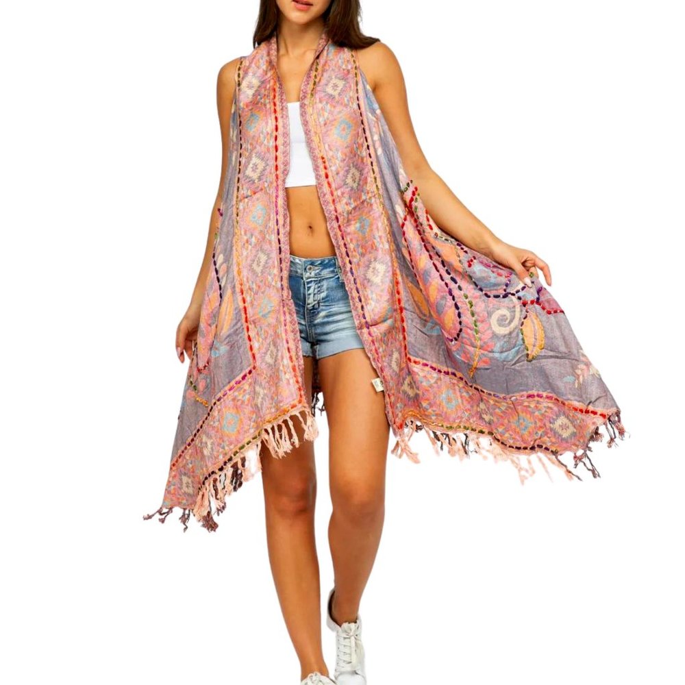 Raj Rosie Vest Embroidered Soft Peach Colorful Embroidery Fringed One Size